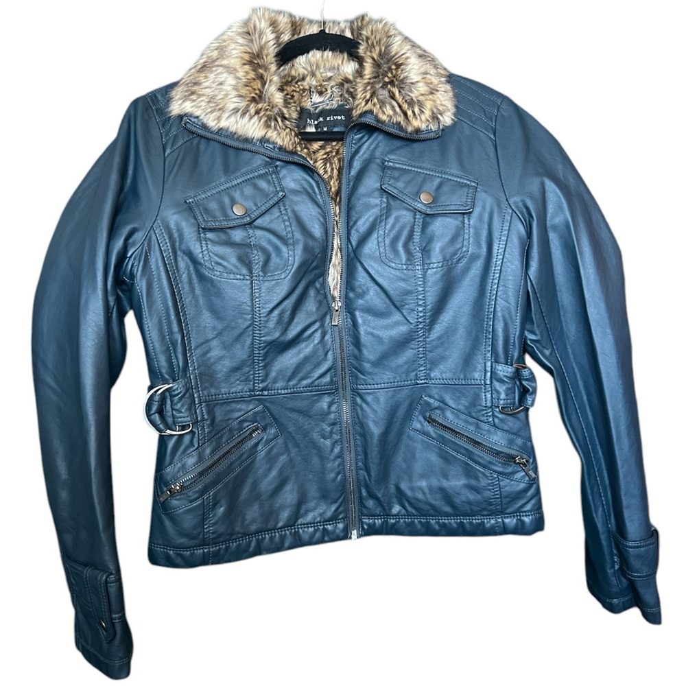 Black Rivet Blue Leather Jacket with Faux Fur Collar and inside size Medium